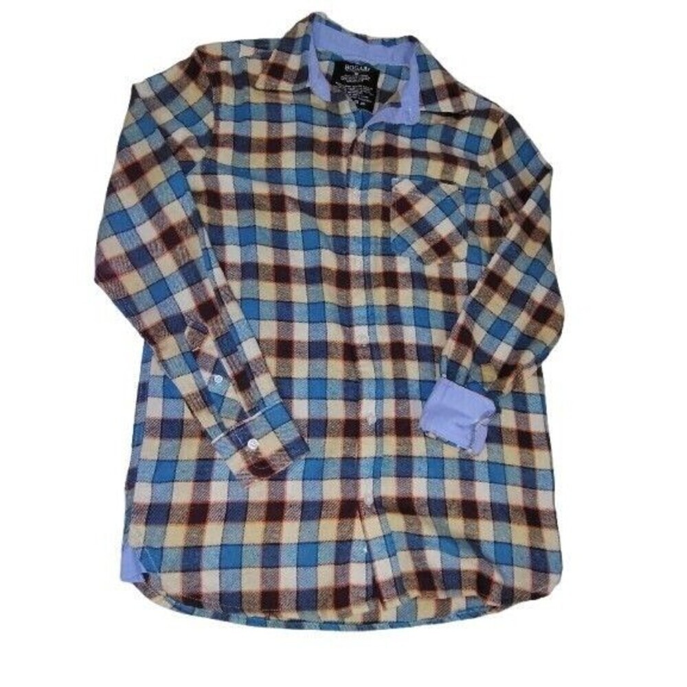 Bogari Men’s Small Plaid Flannel Button Up Shirt - Blue Orange Cream - Slub...